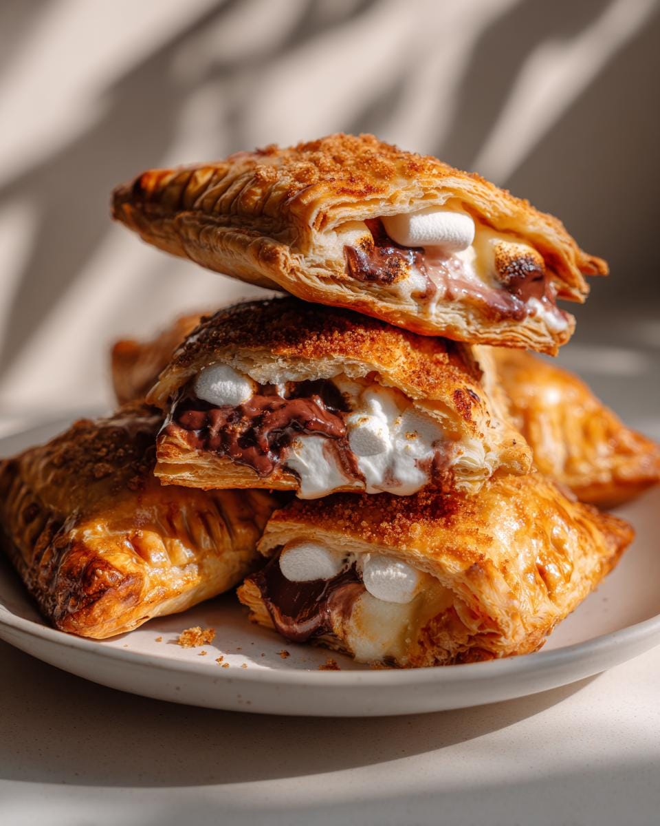 A stack of golden-brown Air Fryer Smores Pockets, oozing with melted marshmallow and chocolate.