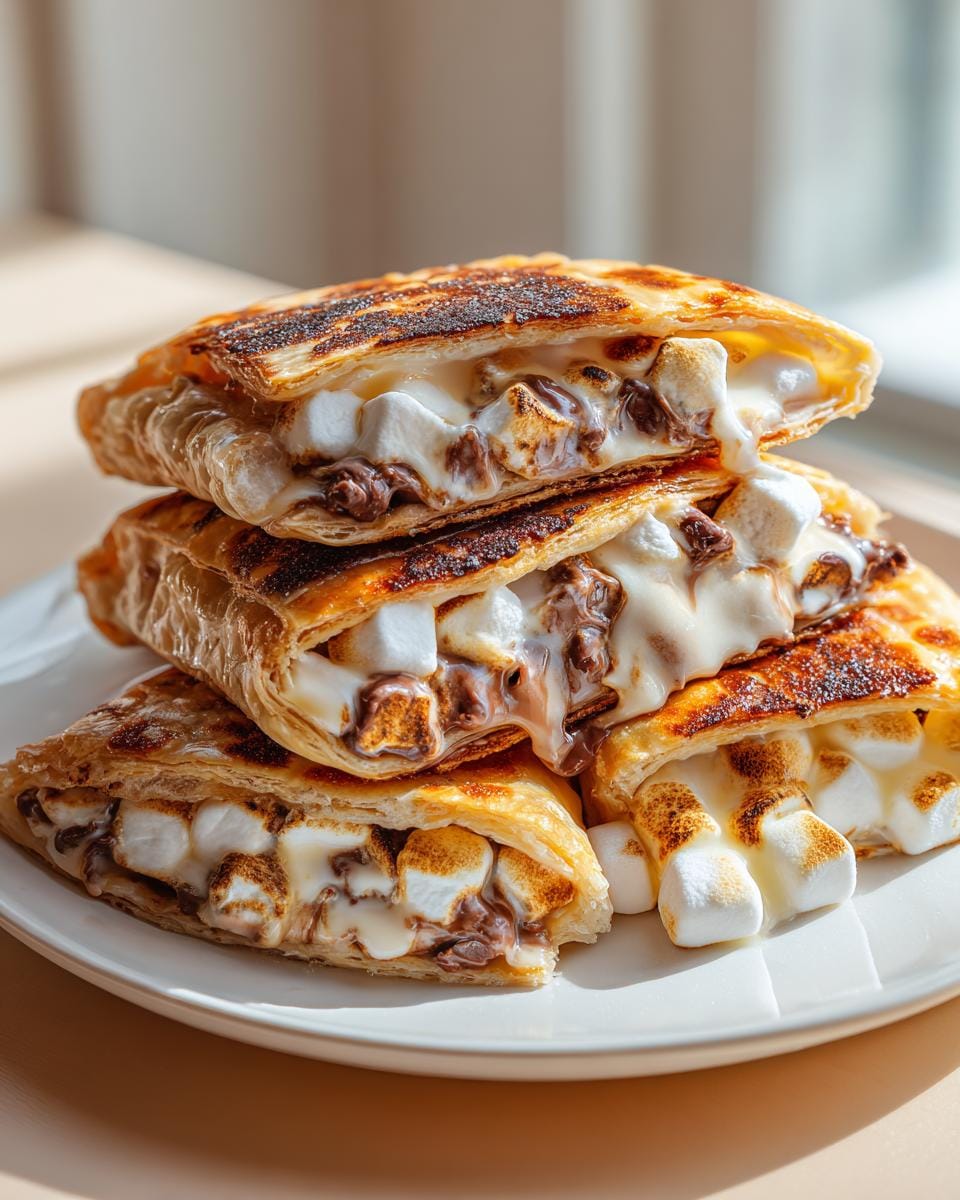 A stack of golden-brown Air Fryer Smores Pockets, oozing with melted marshmallows and chocolate.