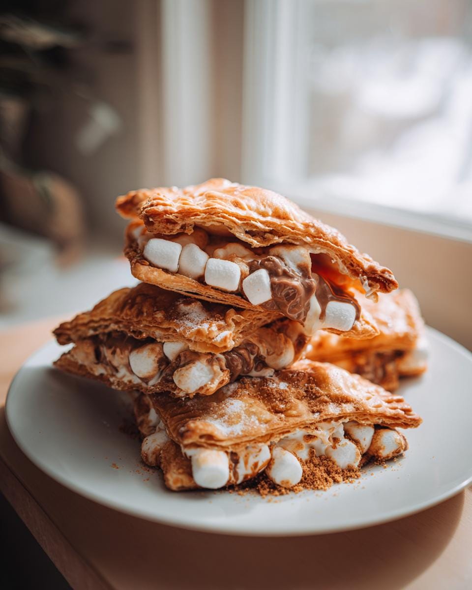 A stack of golden-brown Air Fryer Smores Pockets filled with melted marshmallows and chocolate.