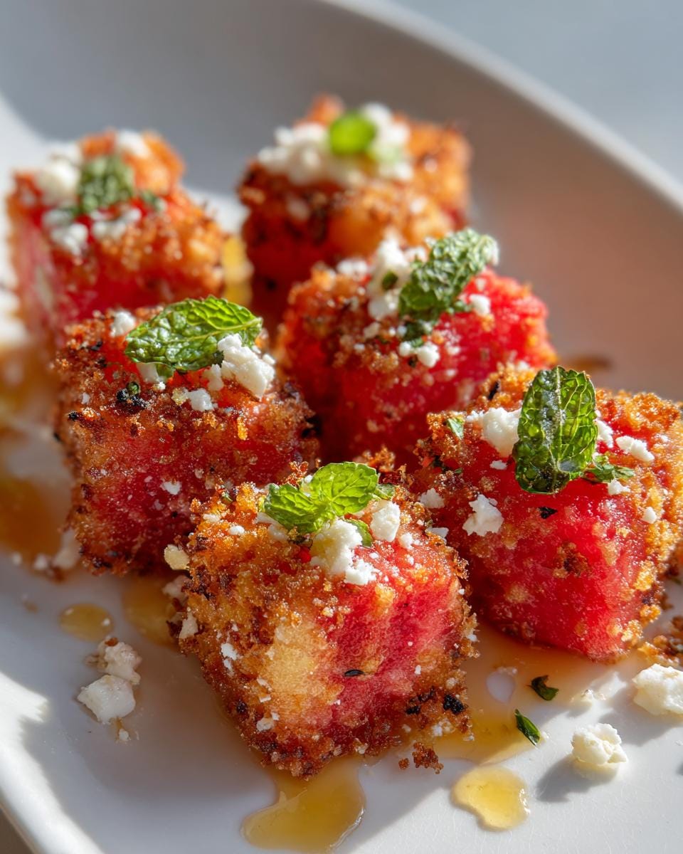 Close-up of crispy Air Fryer Watermelon Feta Bites topped with feta cheese and mint, drizzled with syrup.