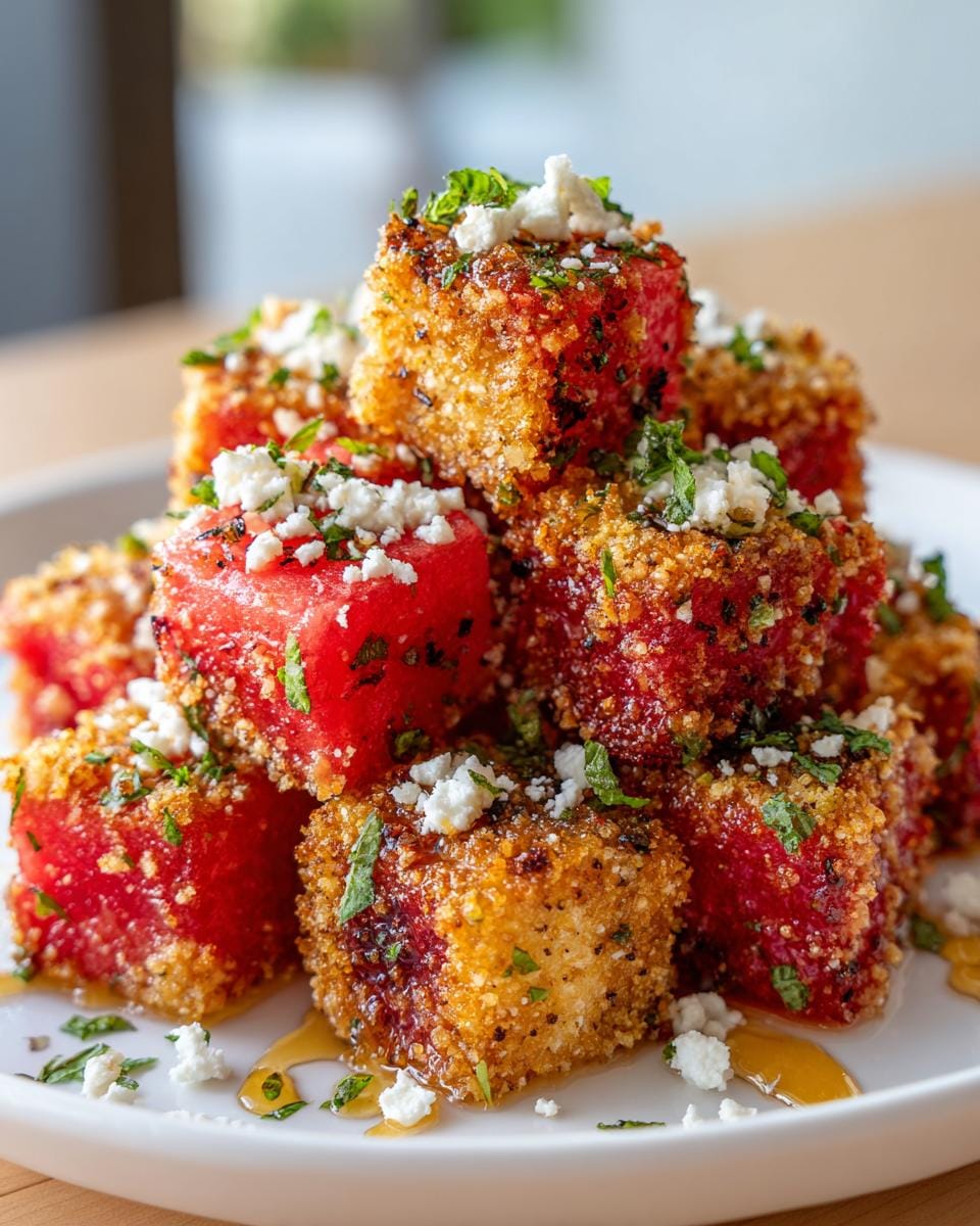 A stack of crispy Air Fryer Watermelon Feta Bites drizzled with honey and topped with feta cheese and mint.