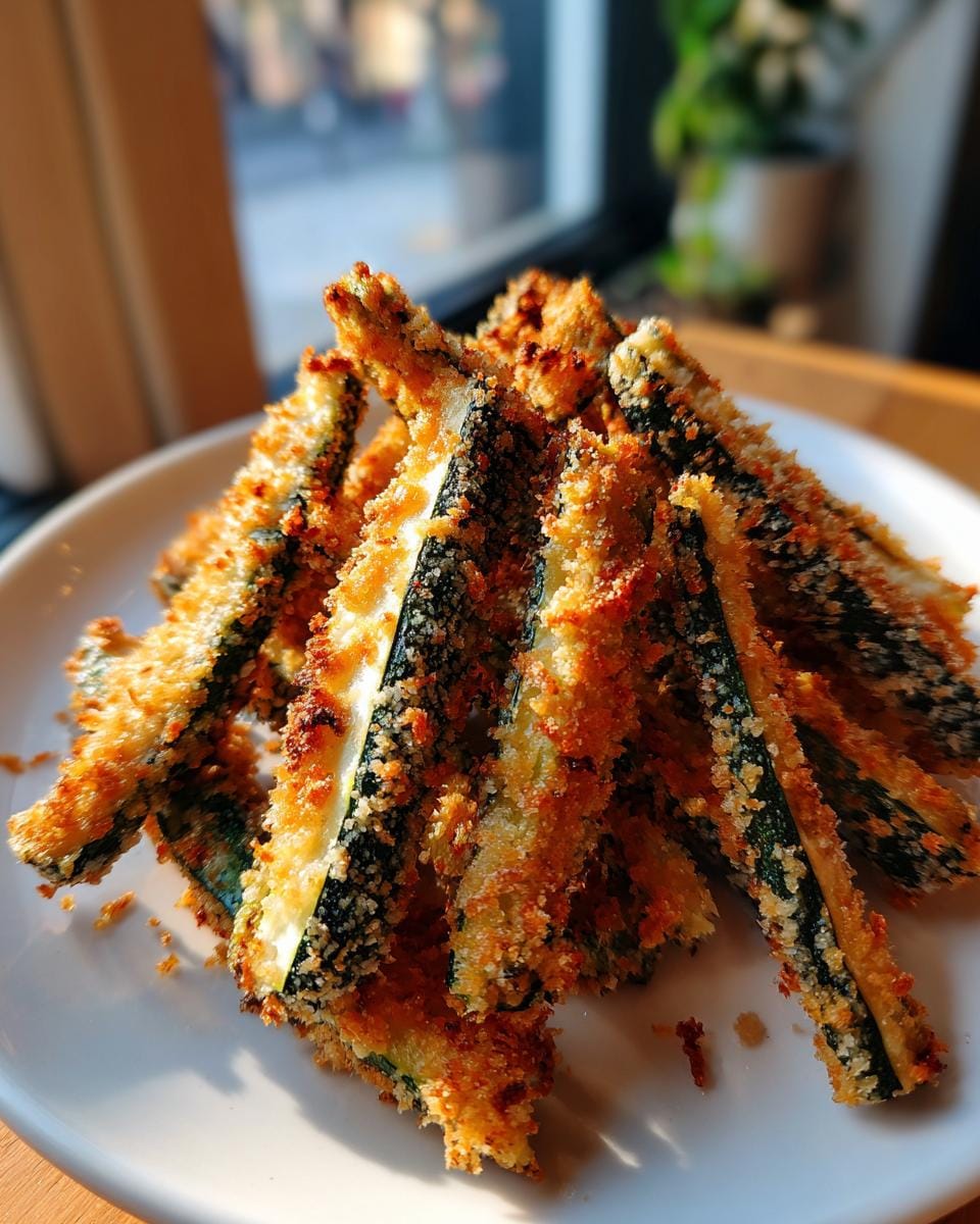 Close-up of a pile of golden-brown Air Fryer Zucchini Fries on a white plate, coated in breadcrumbs.