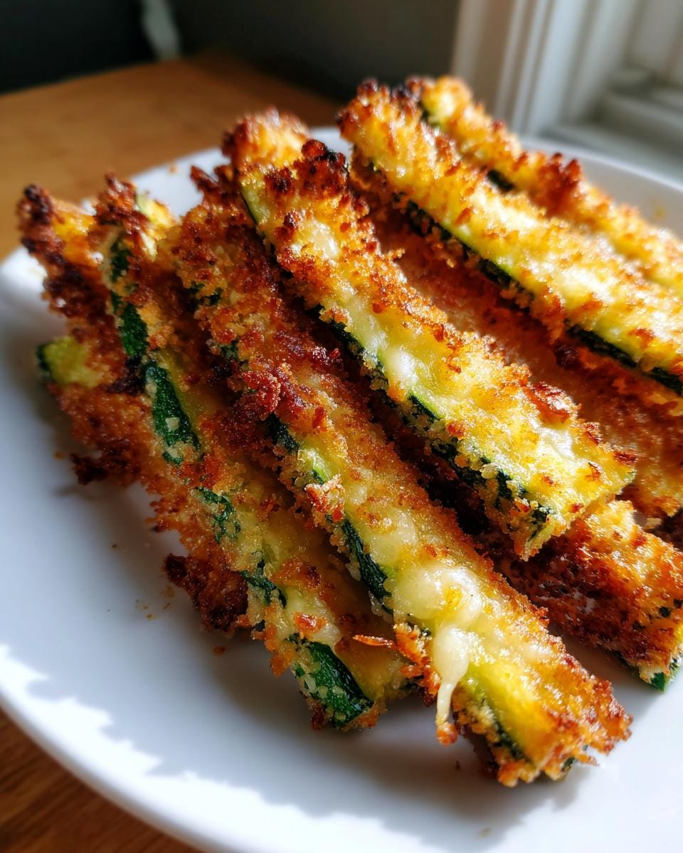 A close-up shot of golden-brown Air Fryer Zucchini Fries on a white plate, showing their crispy coating and tender interior.