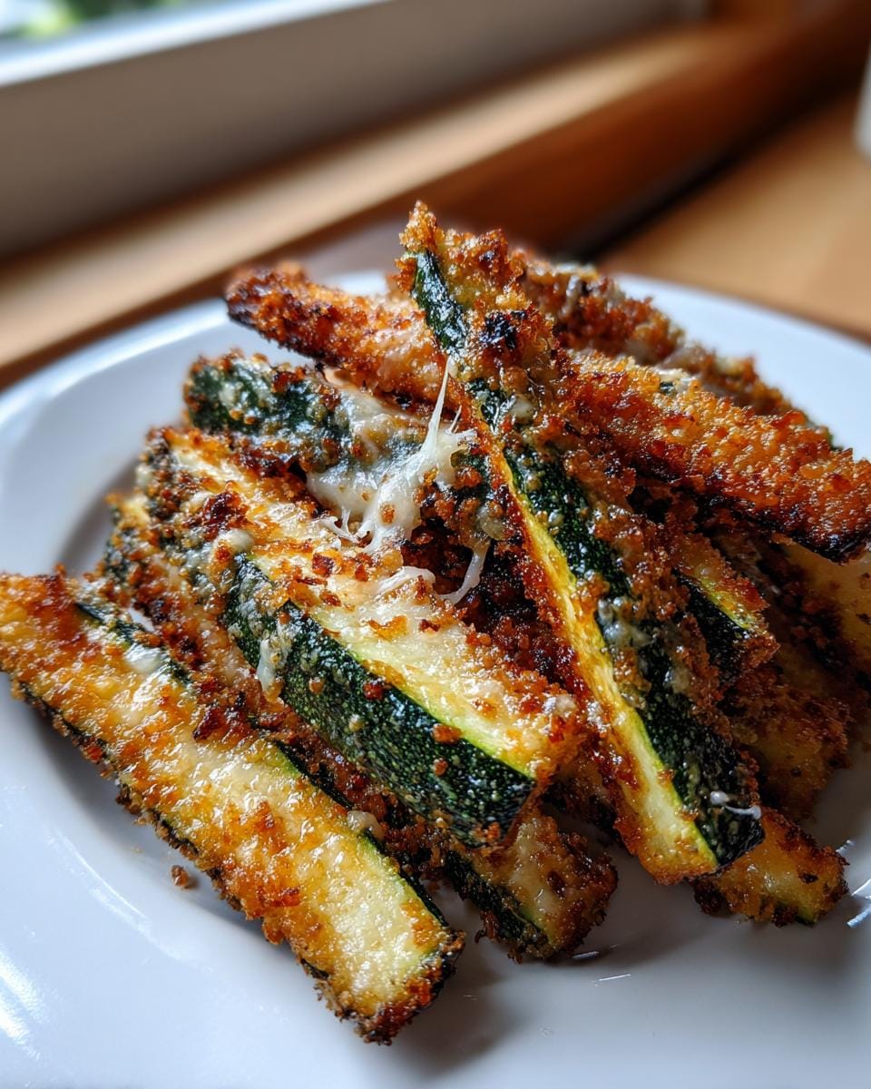 A close-up of a pile of crispy Air Fryer Zucchini Fries, topped with melted cheese.