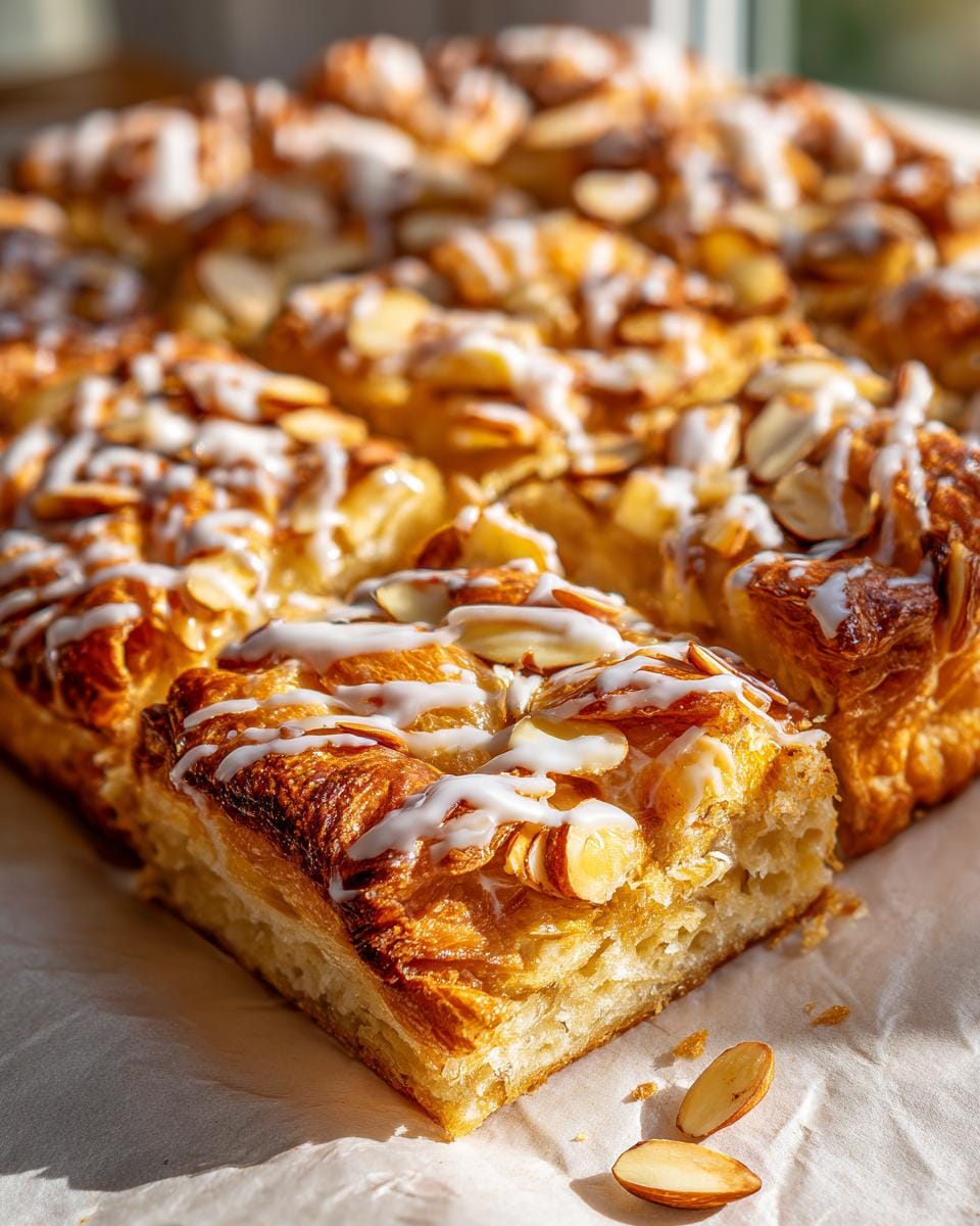 Close-up of golden brown Almond Banket Bars topped with sliced almonds and a white glaze.