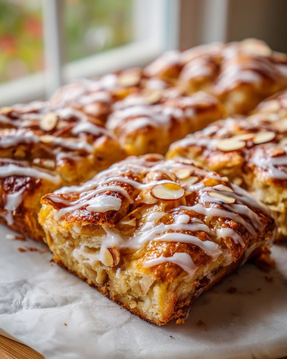 Close-up of a slice of Almond Banket Bars, showing flaky pastry, almond filling, and white glaze drizzle.