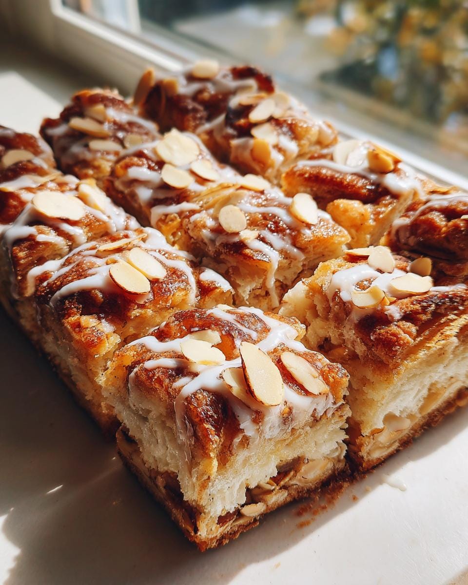 A close-up of freshly baked Almond Banket Bars, drizzled with icing and topped with sliced almonds.