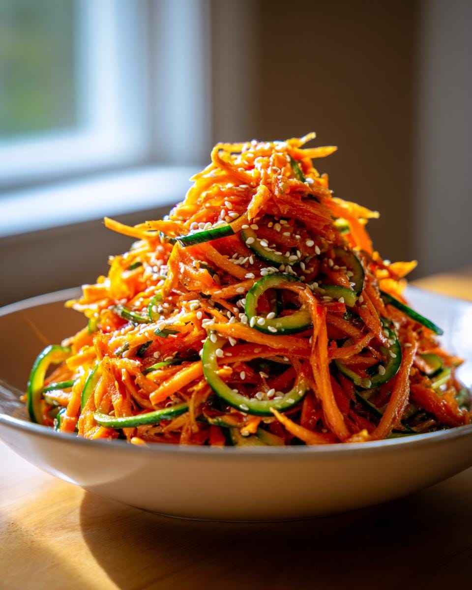 A close-up of a refreshing asian carrot cucumber salad, tossed with a vibrant dressing and sprinkled with sesame seeds.