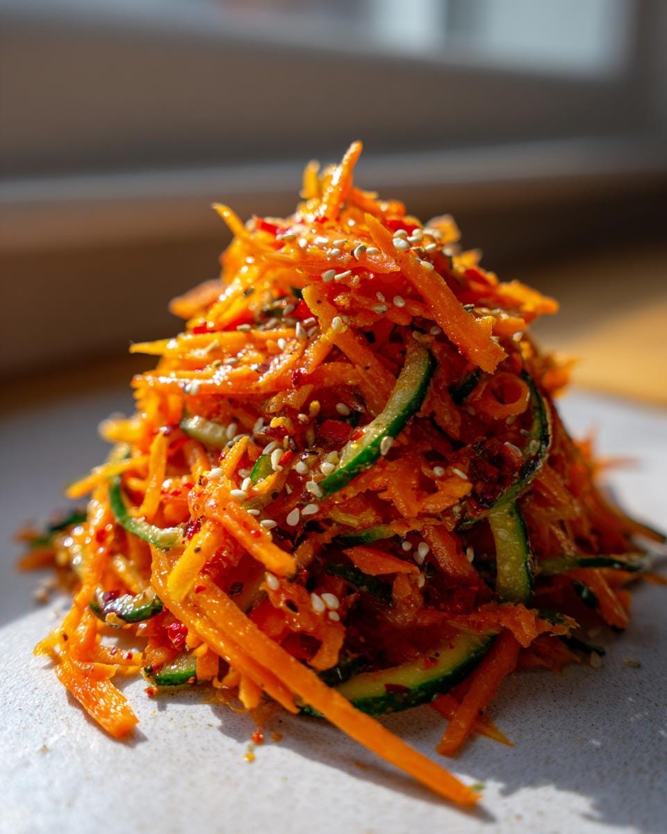 A close-up of a colorful asian carrot cucumber salad, topped with sesame seeds and chili flakes.