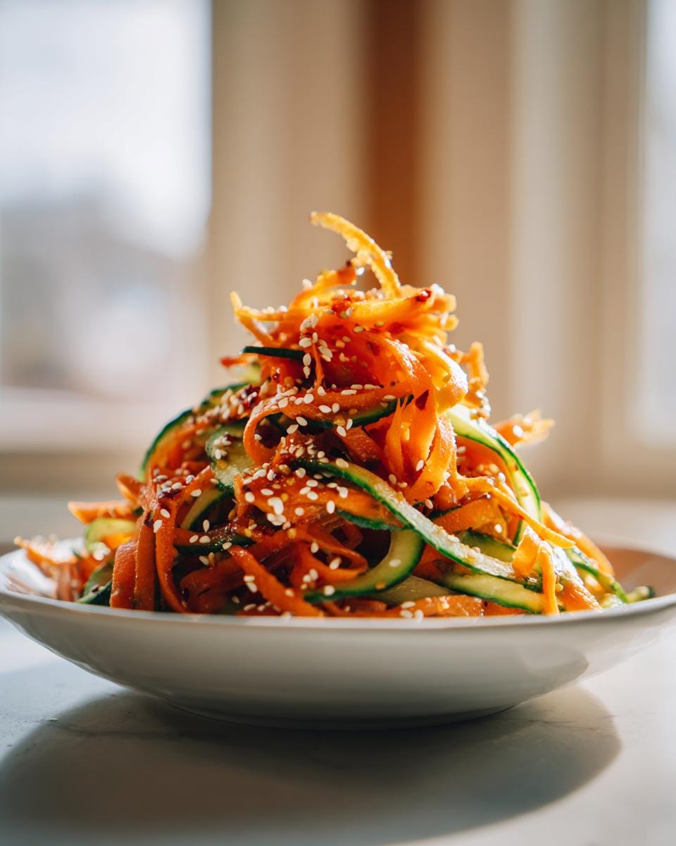 A vibrant asian carrot cucumber salad tossed with sesame seeds and a savory dressing, served in a white bowl.