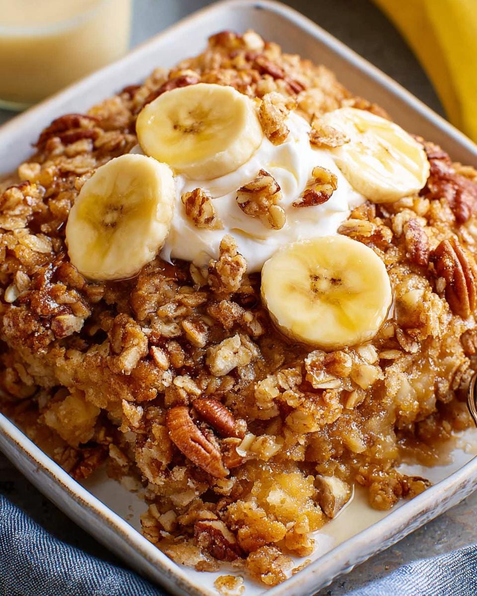 A close-up of a serving of Banana Cobbler with Crunchy Streusel Topping, garnished with sliced bananas and whipped cream.