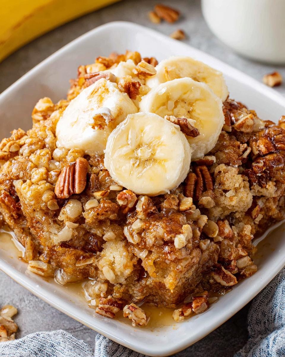 A close-up of a serving of Banana Cobbler with Crunchy Streusel Topping, garnished with sliced bananas and pecans.