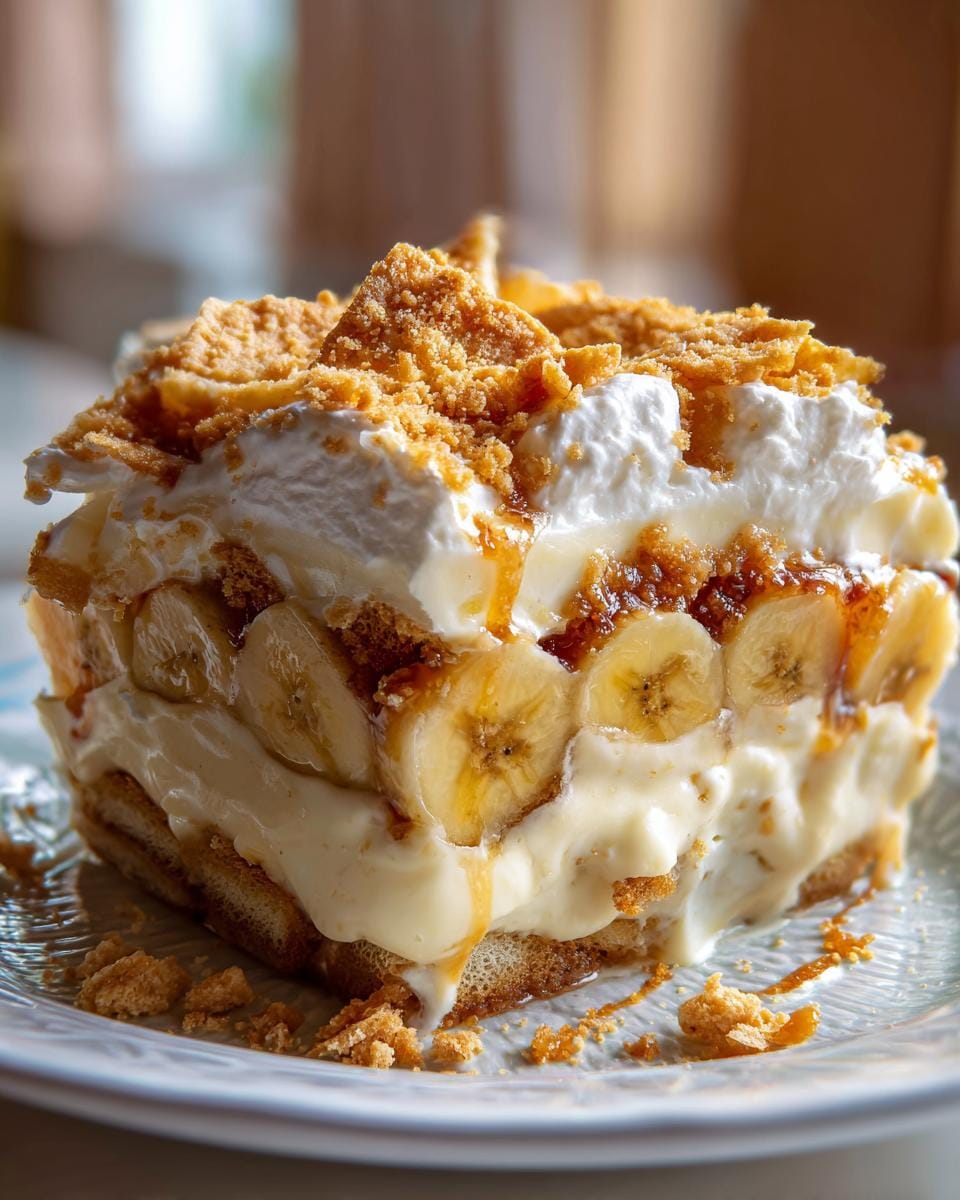 A close-up of a slice of creamy Banana Pudding dessert with layers of vanilla pudding, sliced bananas, and crushed cookies.