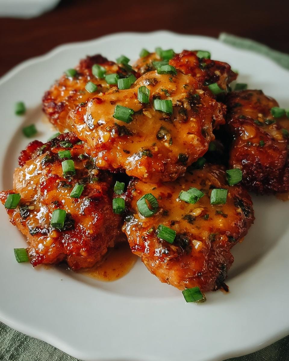 A plate of glistening Bang Bang Chicken Thighs coated in a savory sauce and topped with chopped green onions.