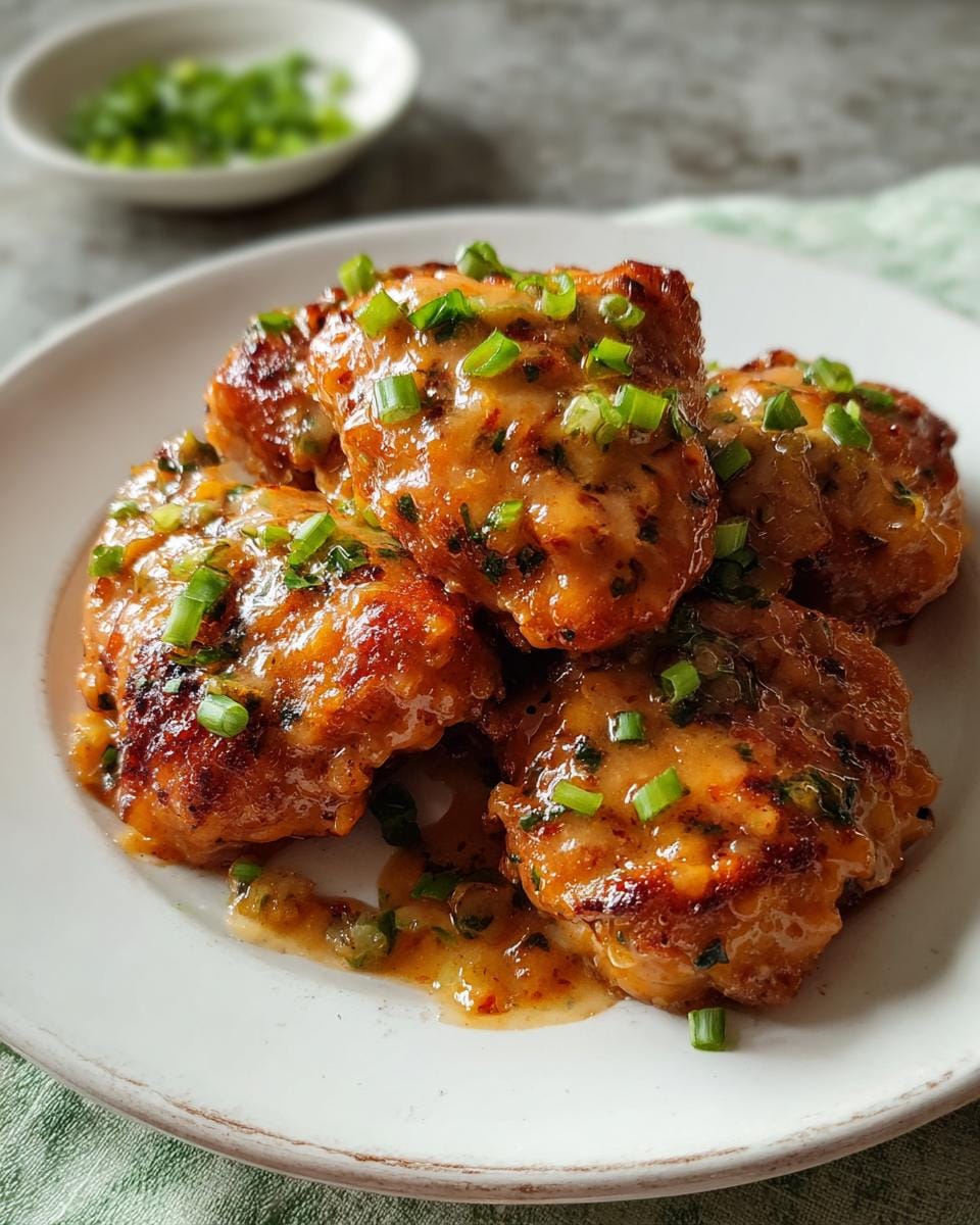A plate of juicy Bang Bang Chicken Thighs coated in a glossy sauce and sprinkled with chopped green onions.