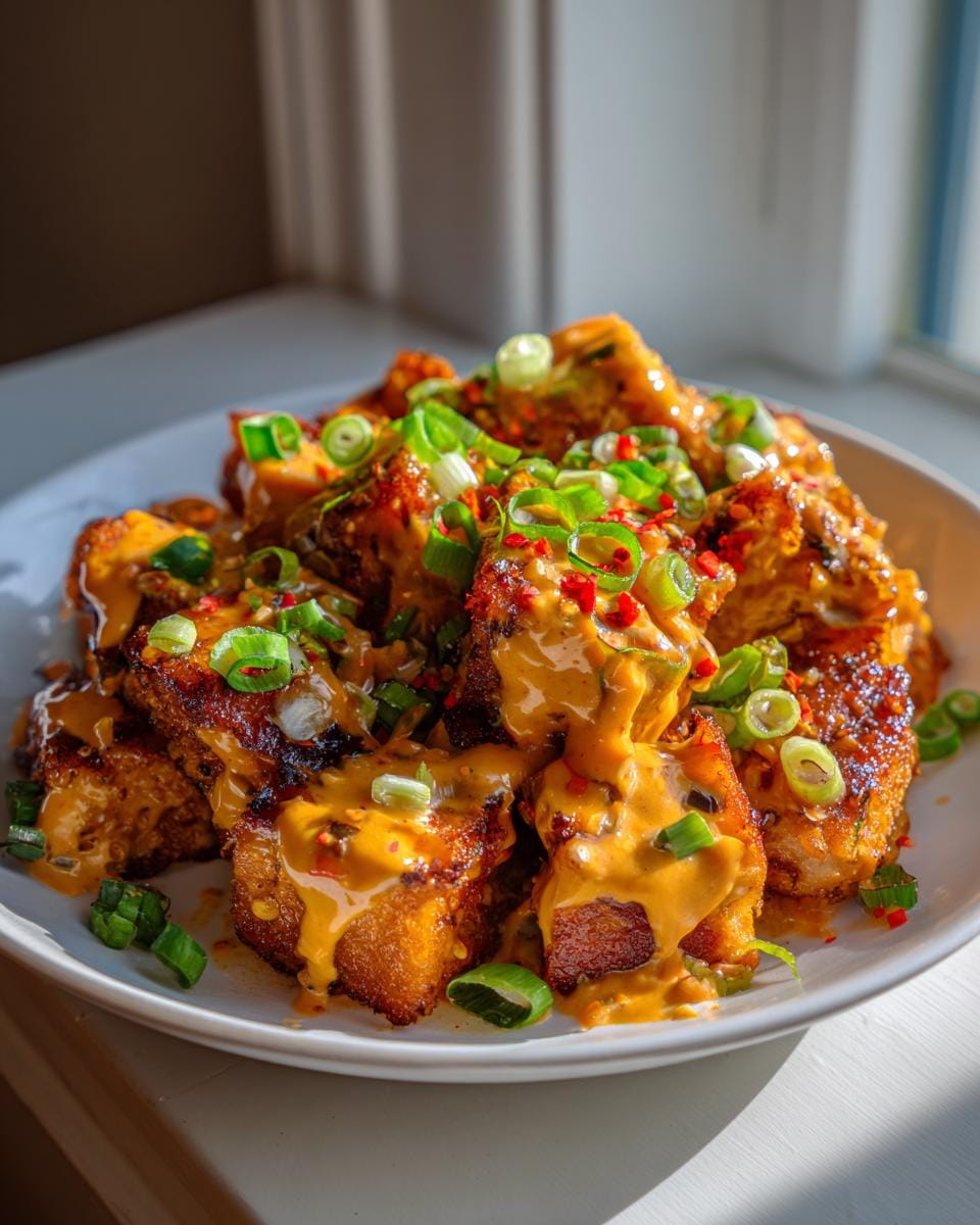 Close-up of crispy Bang Bang Salmon bites drizzled with creamy sauce and topped with scallions and chili flakes.
