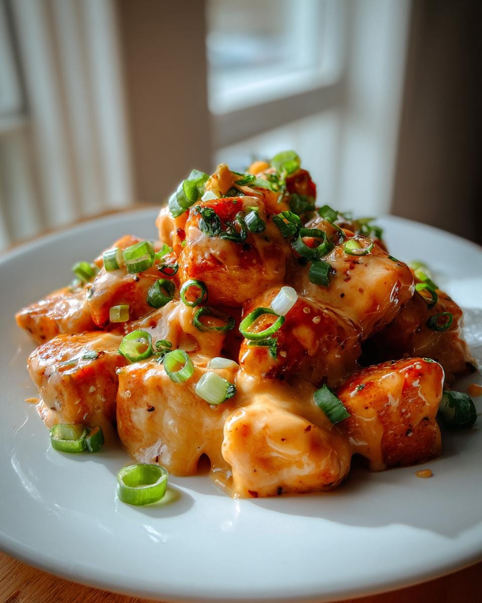 A close-up of crispy Bang Bang Salmon bites drizzled with creamy sauce and topped with chopped green onions.