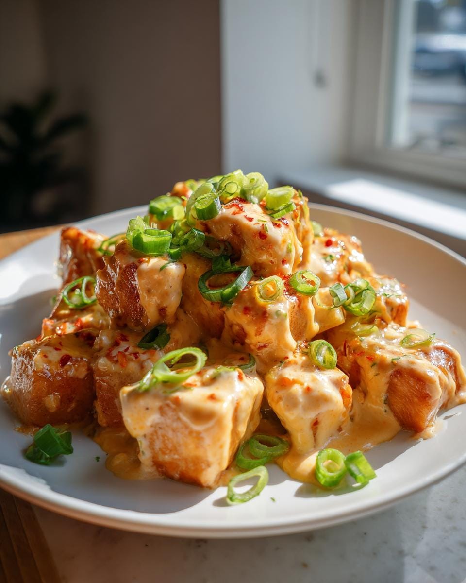A close-up of crispy Bang Bang Salmon bites drizzled with creamy sauce and topped with green onions.