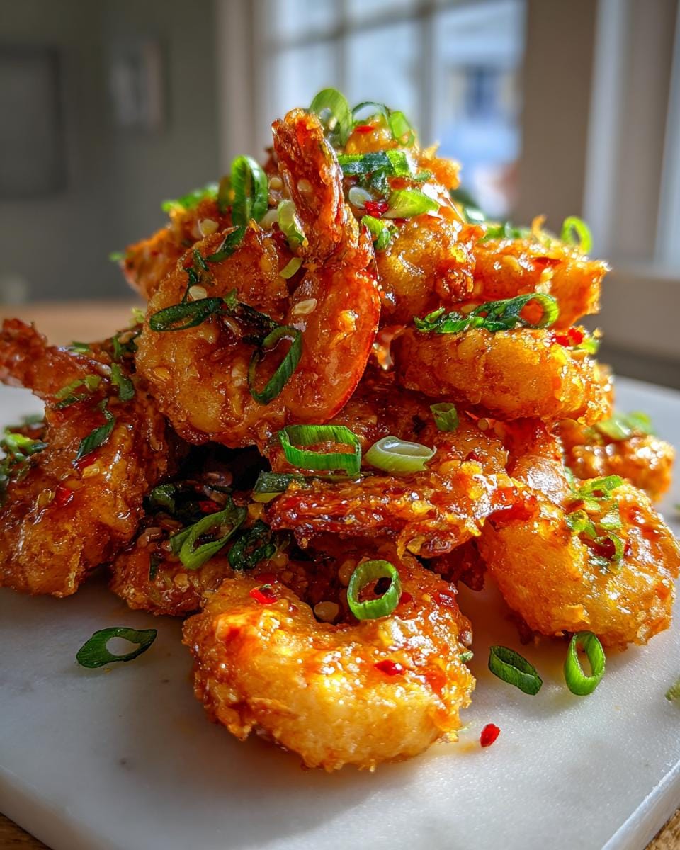 A close-up of a pile of crispy, saucy Bang Bang Shrimp, garnished with green onions and chili flakes.