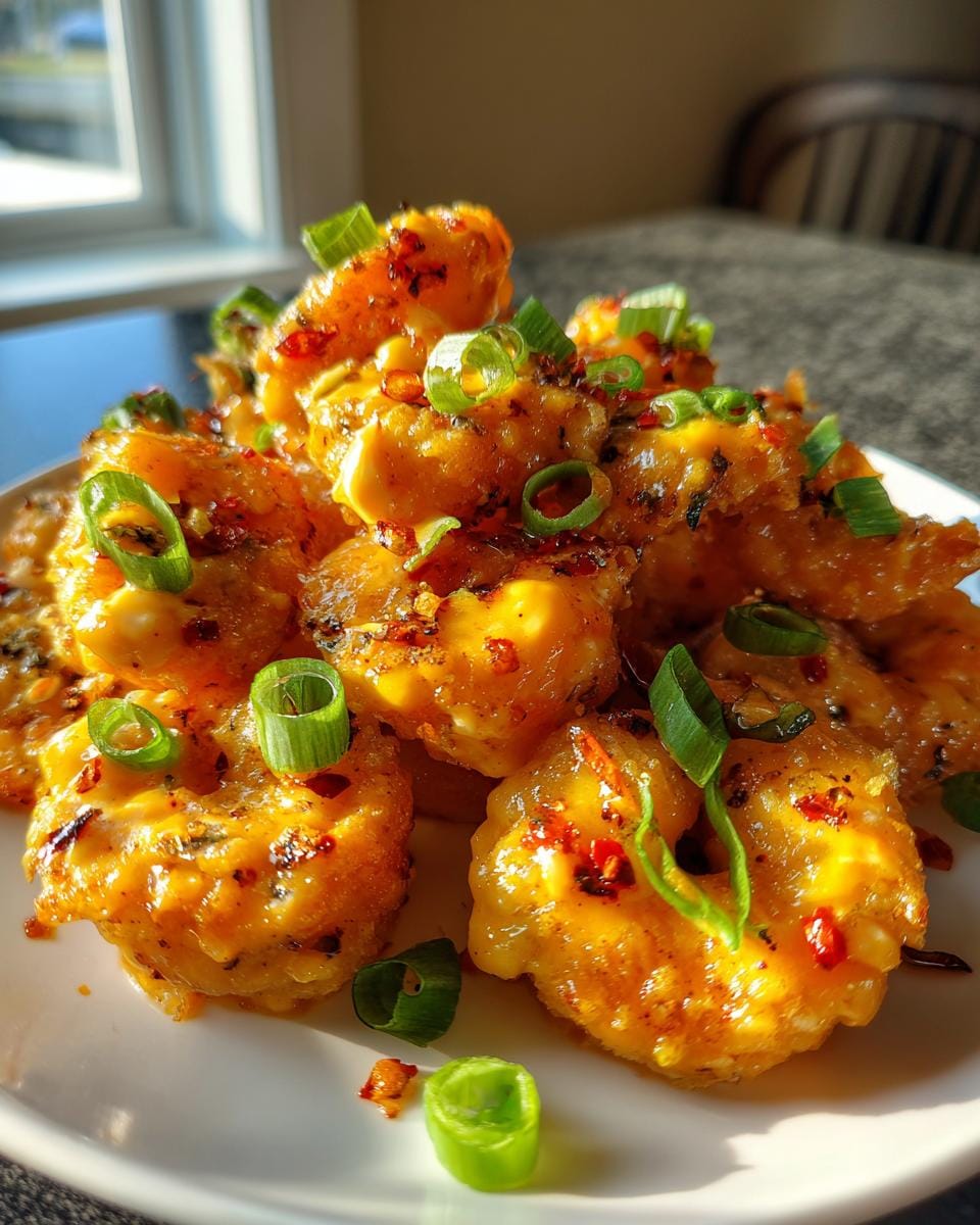 A close-up of a plate piled high with crispy Bang Bang Shrimp, coated in a creamy orange sauce and garnished with chopped green onions and chili flakes.