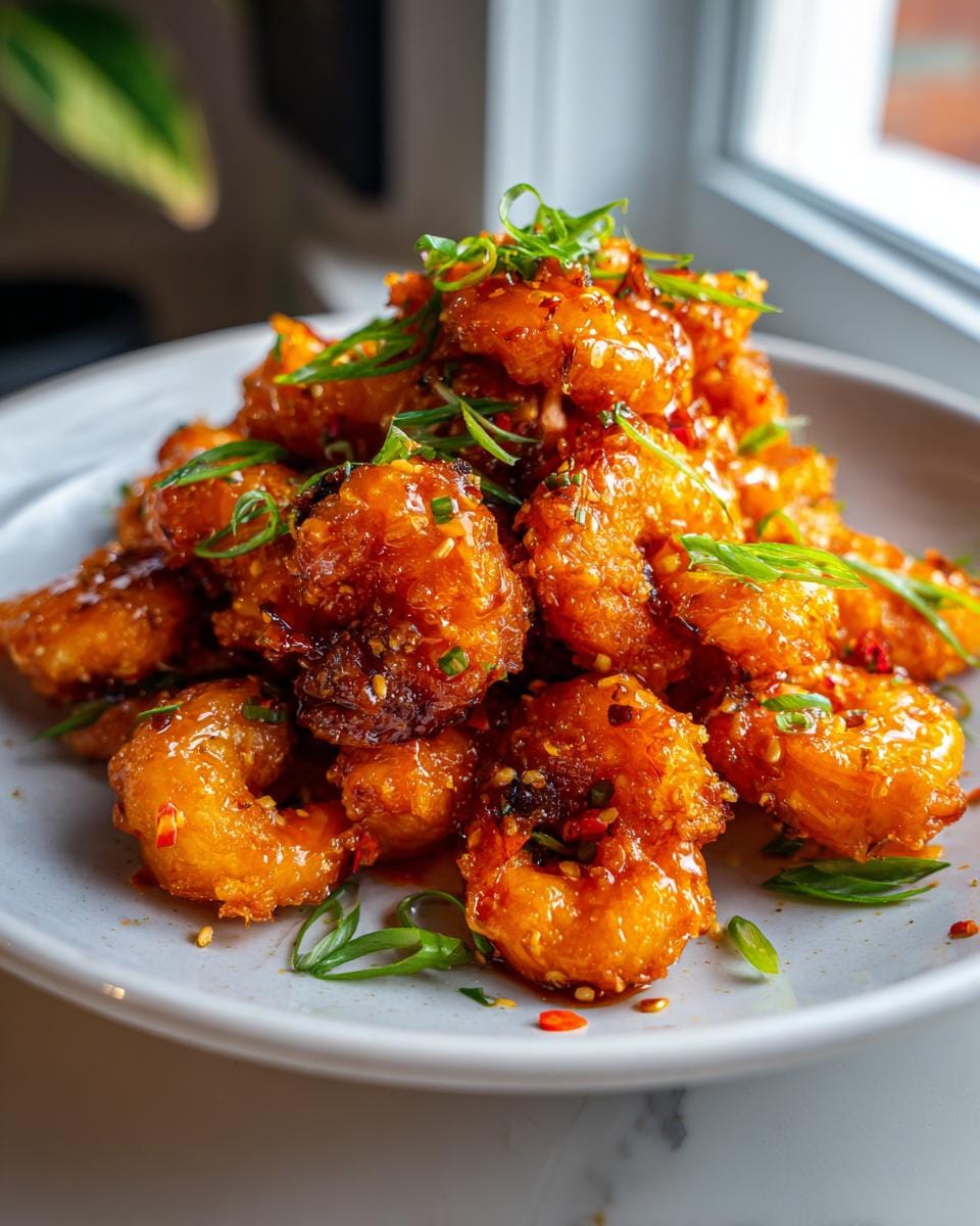 A close-up of a pile of crispy Bang Bang Shrimp coated in a glossy, orange sauce, garnished with green onions and sesame seeds.