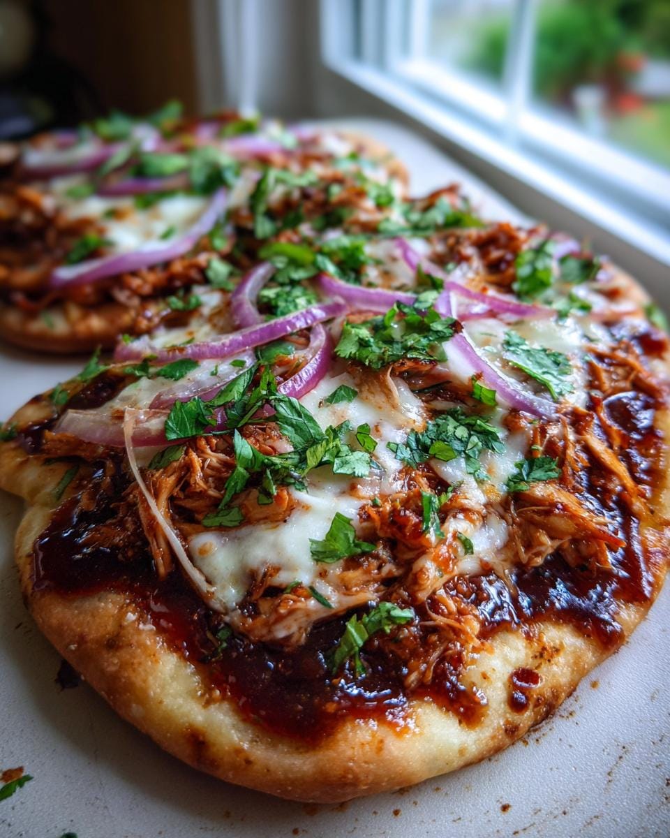 Close-up of a delicious BBQ Chicken Flatbread topped with melted cheese, shredded chicken, red onion, and fresh cilantro.