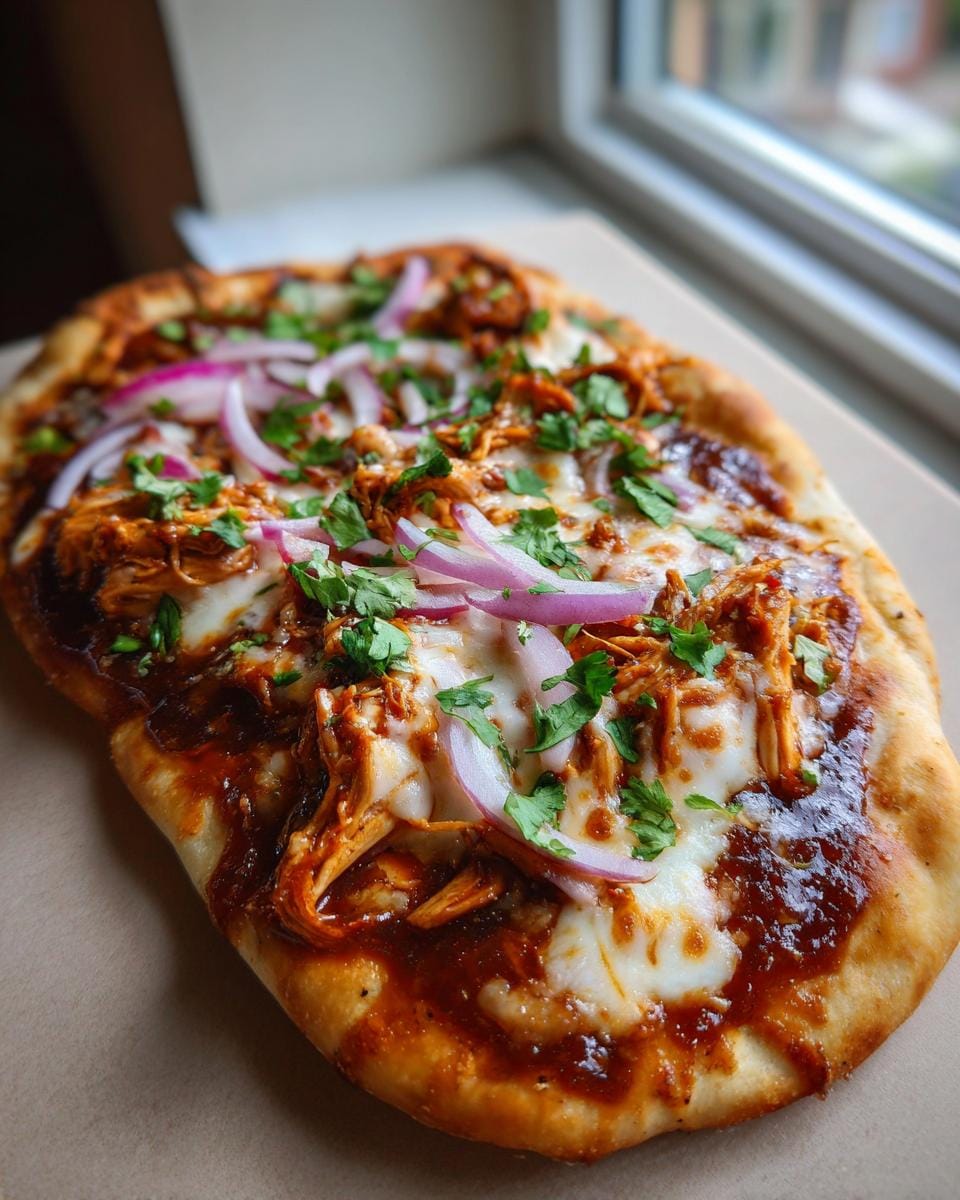 A close-up of a delicious BBQ Chicken Flatbreads topped with melted cheese, shredded chicken, red onion, and cilantro.