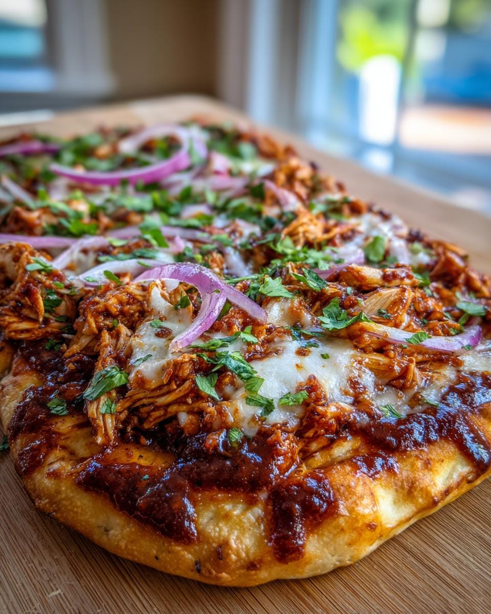 Close-up of delicious BBQ Chicken Flatbreads topped with shredded chicken, melted cheese, red onion, and fresh parsley.