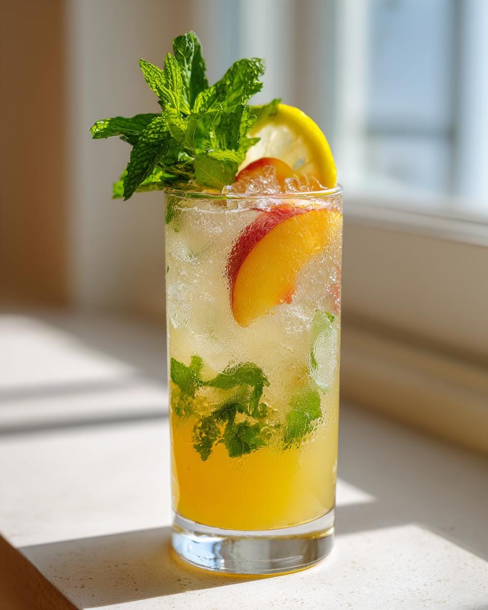 A tall glass of Beach Peach Lemonade filled with ice, peach slices, mint, and a lemon wedge.