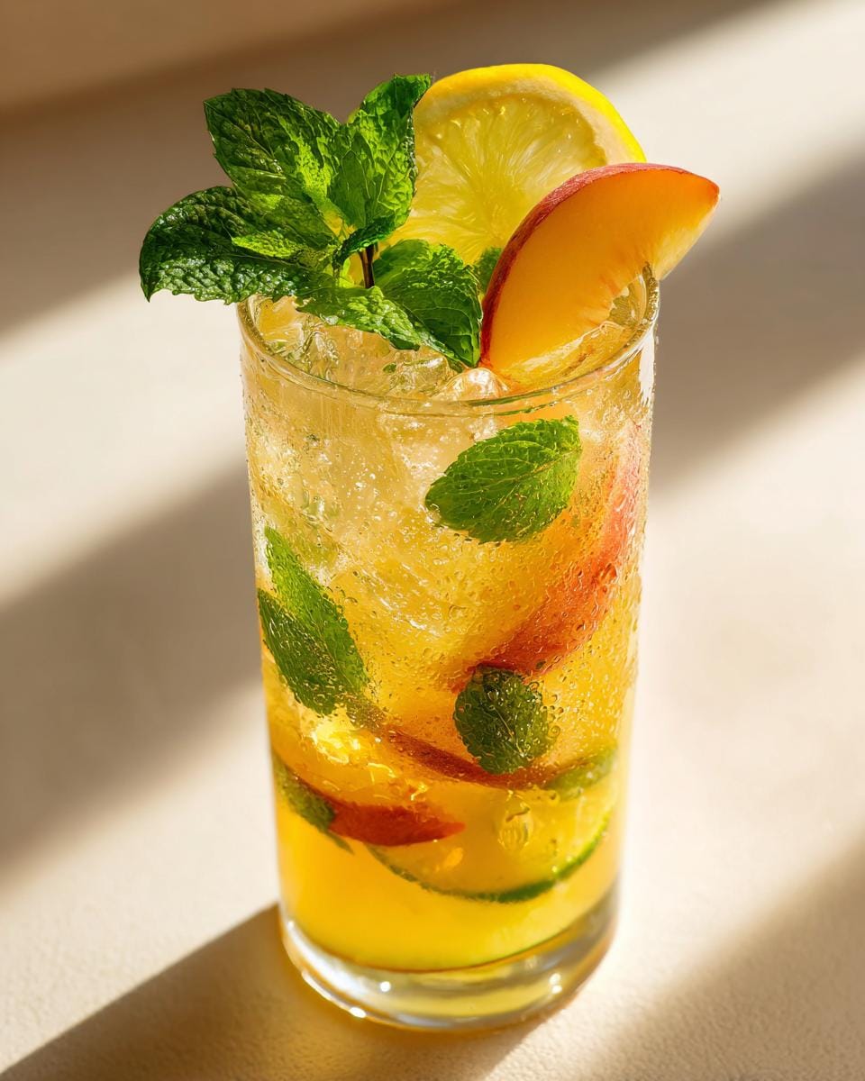 A tall glass of Beach Peach Lemonade filled with ice, peach slices, mint leaves, and lemon. Condensation on the glass.