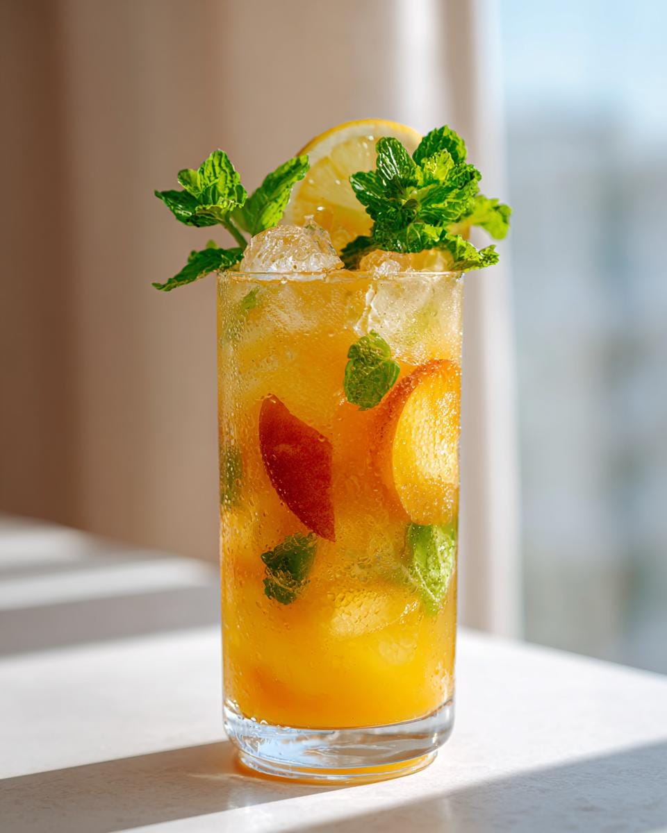 A tall glass of Beach Peach Lemonade filled with ice, peach slices, mint leaves, and a lemon slice garnish.