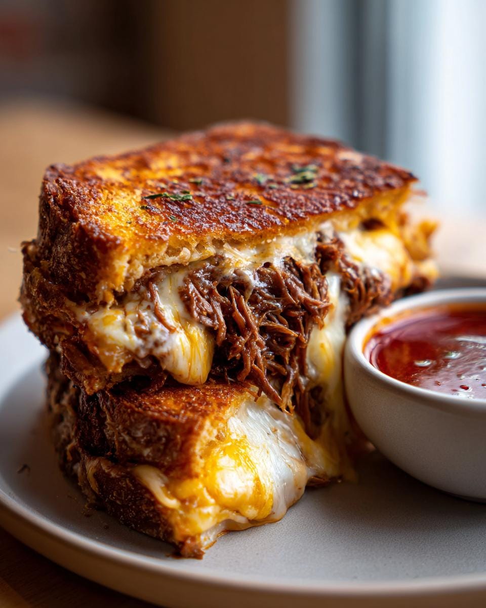 A close-up of a stacked Birria Grilled Cheese sandwich, oozing with melted cheese and tender shredded beef, served with a side of red dipping sauce.