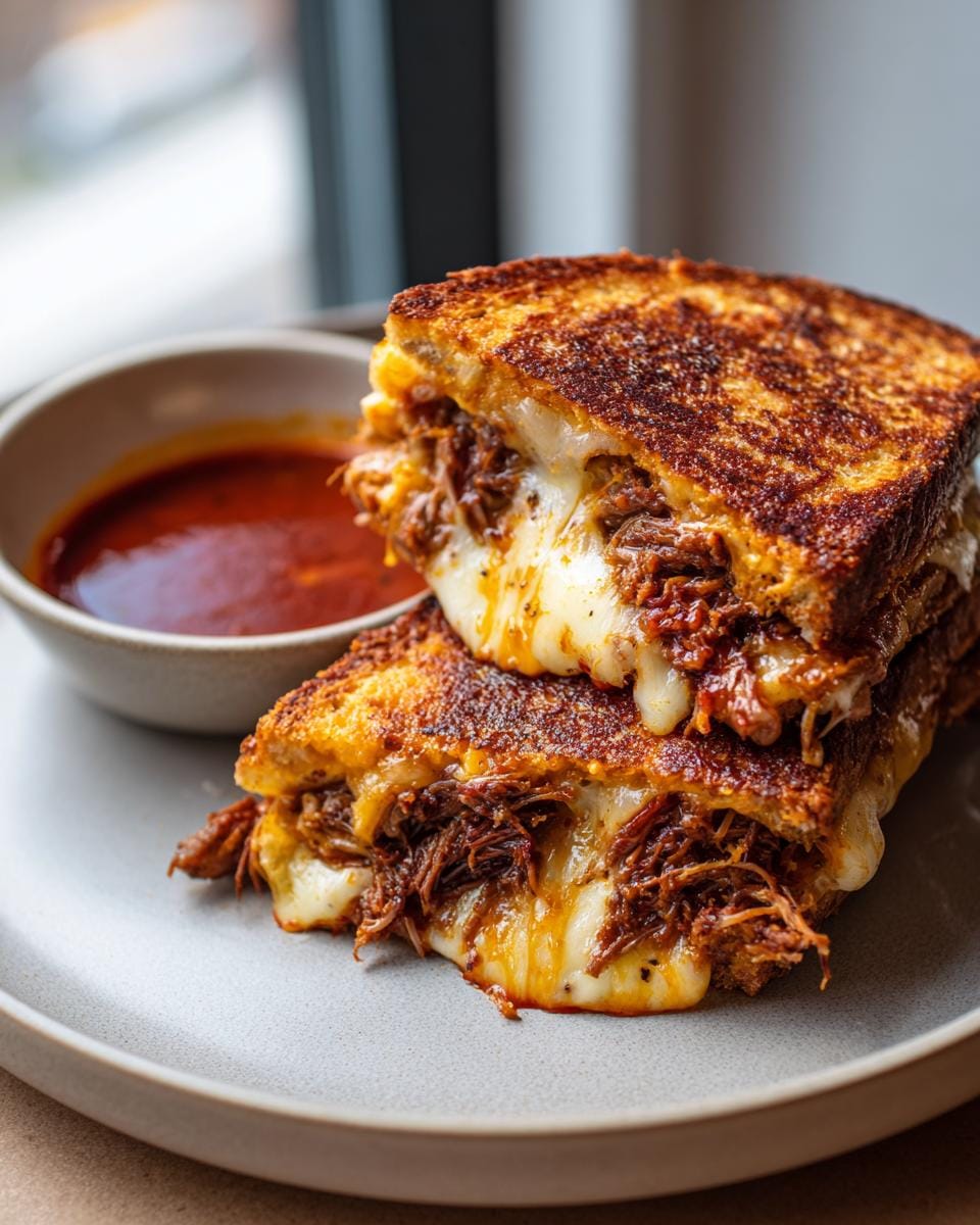 A close-up of a stacked Birria Grilled Cheese sandwich with gooey melted cheese oozing out, served with a side of consommé.