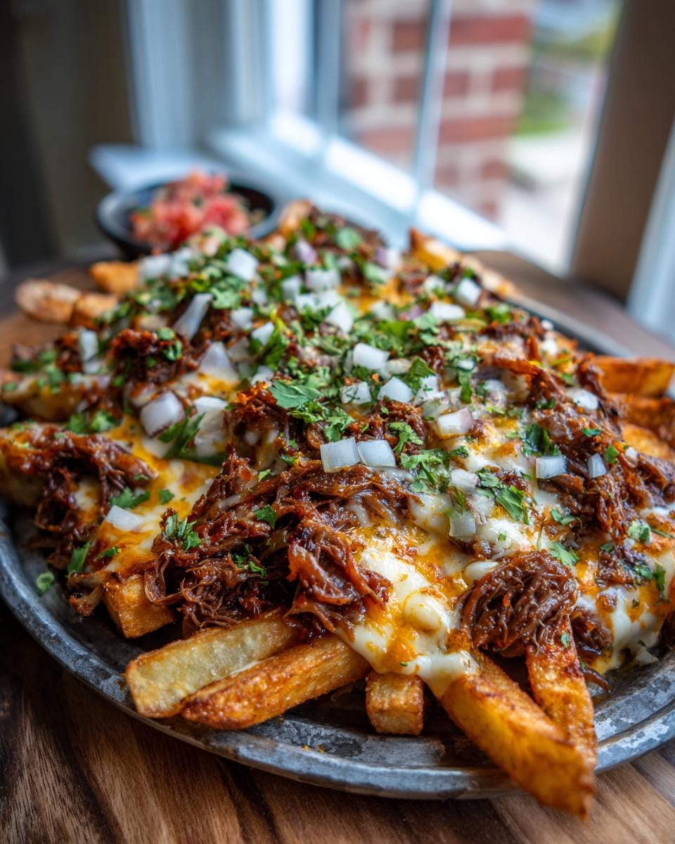 A close-up shot of a plate piled high with crispy fries, melted cheese, shredded birria, and diced onions and cilantro.