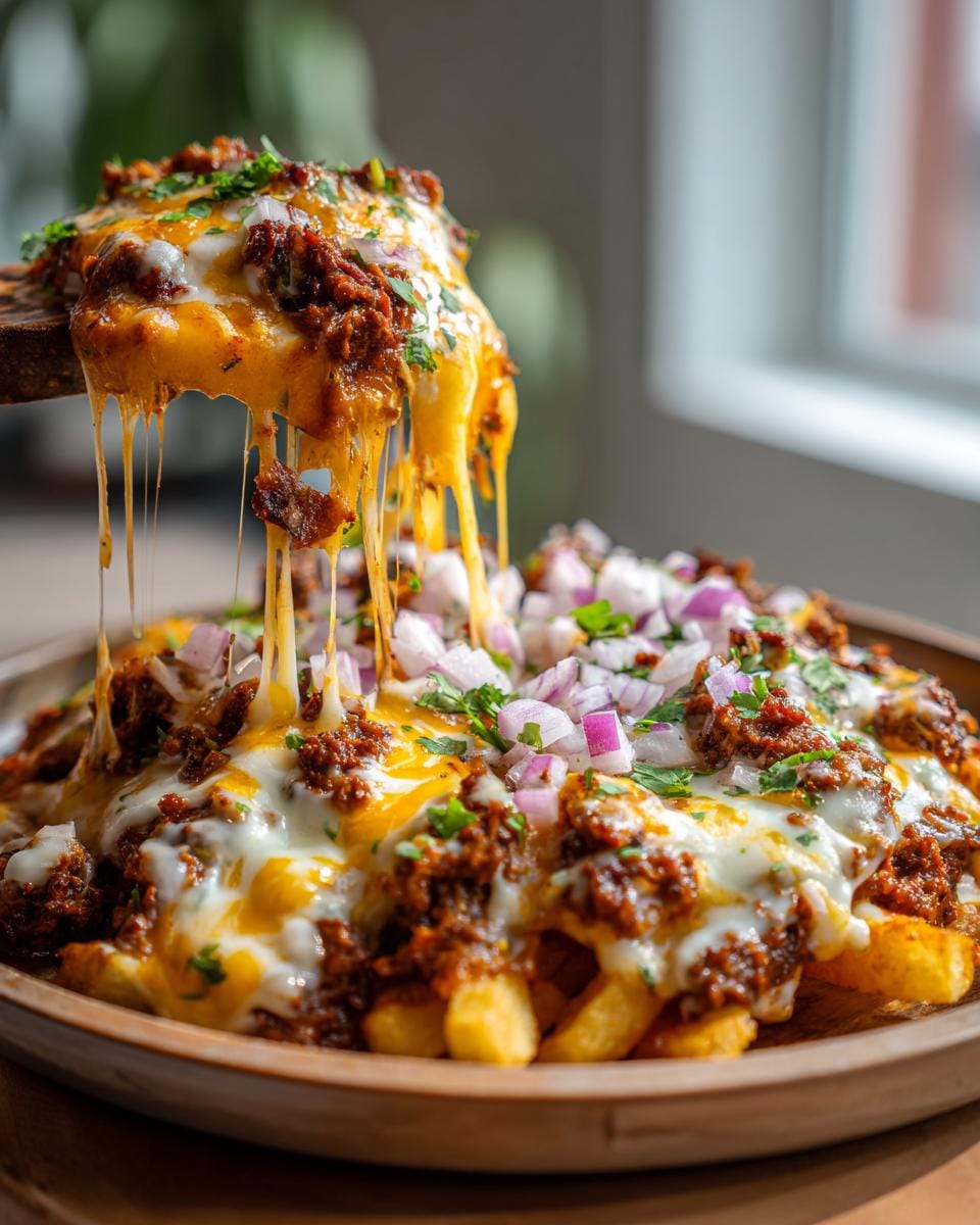 A close-up of a serving of Birria Loaded Fries, featuring crispy fries topped with rich birria meat, melted cheese, and diced red onions.