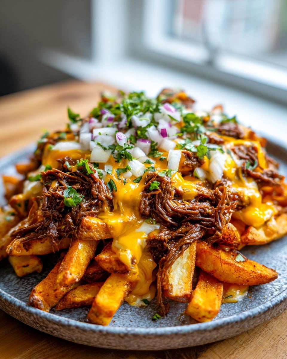 A close-up of a plate piled high with golden Birria Loaded Fries, generously topped with shredded birria meat and melted cheese.
