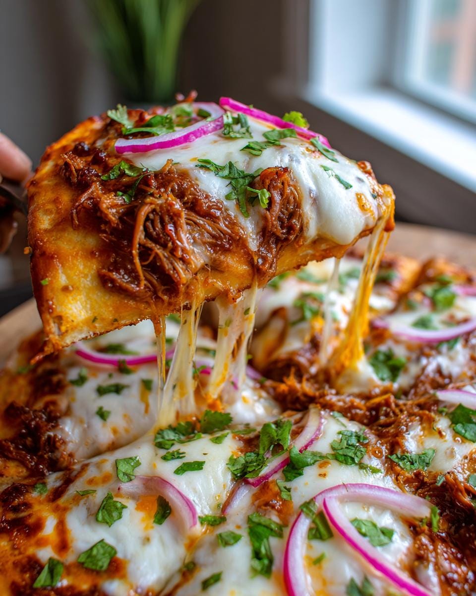A slice of Birria Pizza being lifted, showing strings of melted cheese, shredded birria meat, red onion, and cilantro.