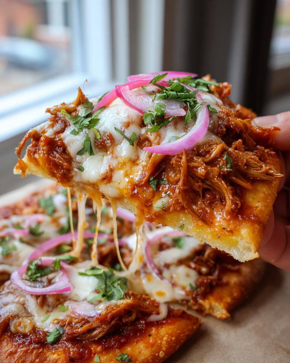 A hand holding a slice of Birria Pizza, showing gooey melted cheese, shredded birria meat, and red onions.