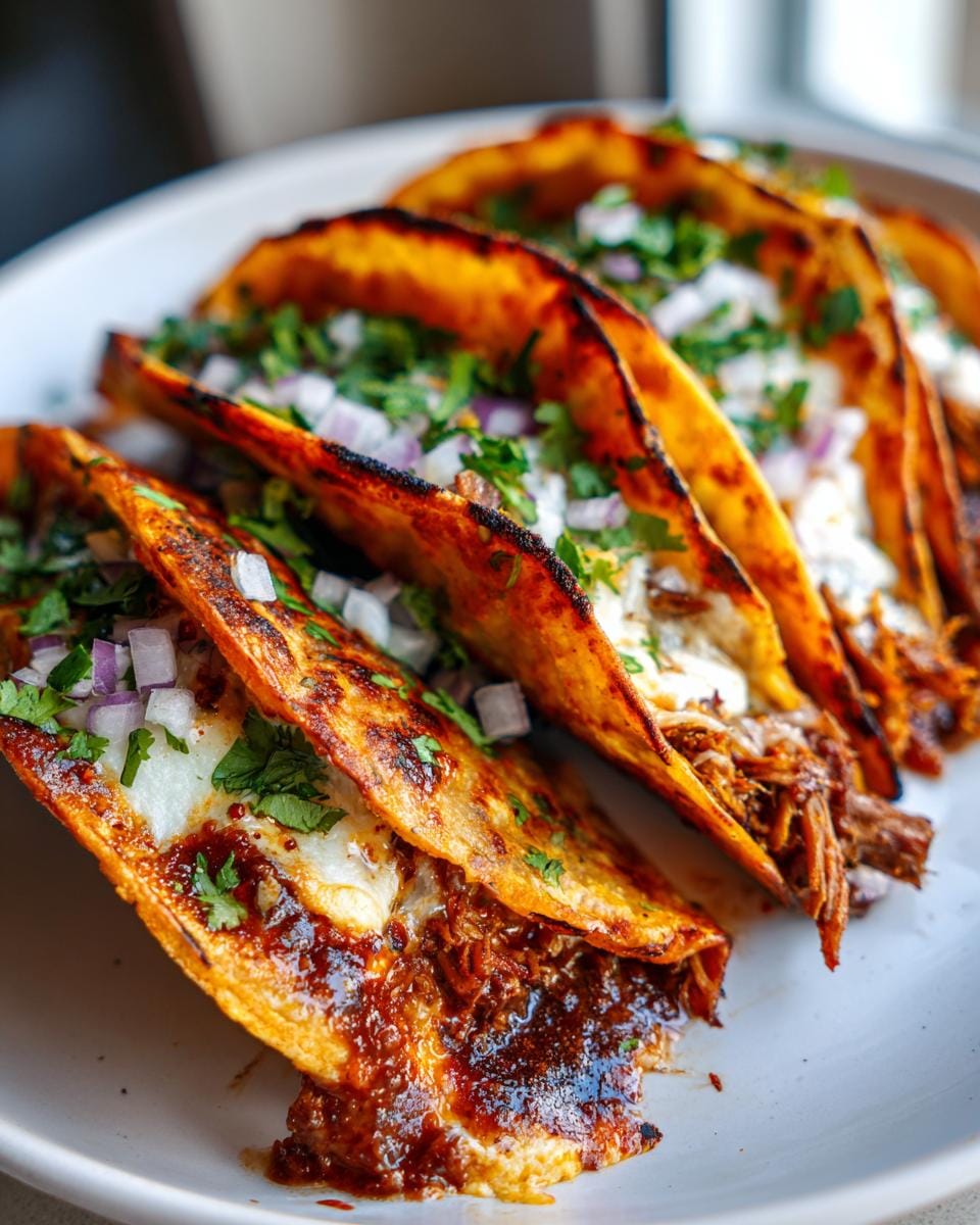 Close-up of crispy Birria Quesatacos filled with shredded beef, melted cheese, and topped with onions and cilantro.