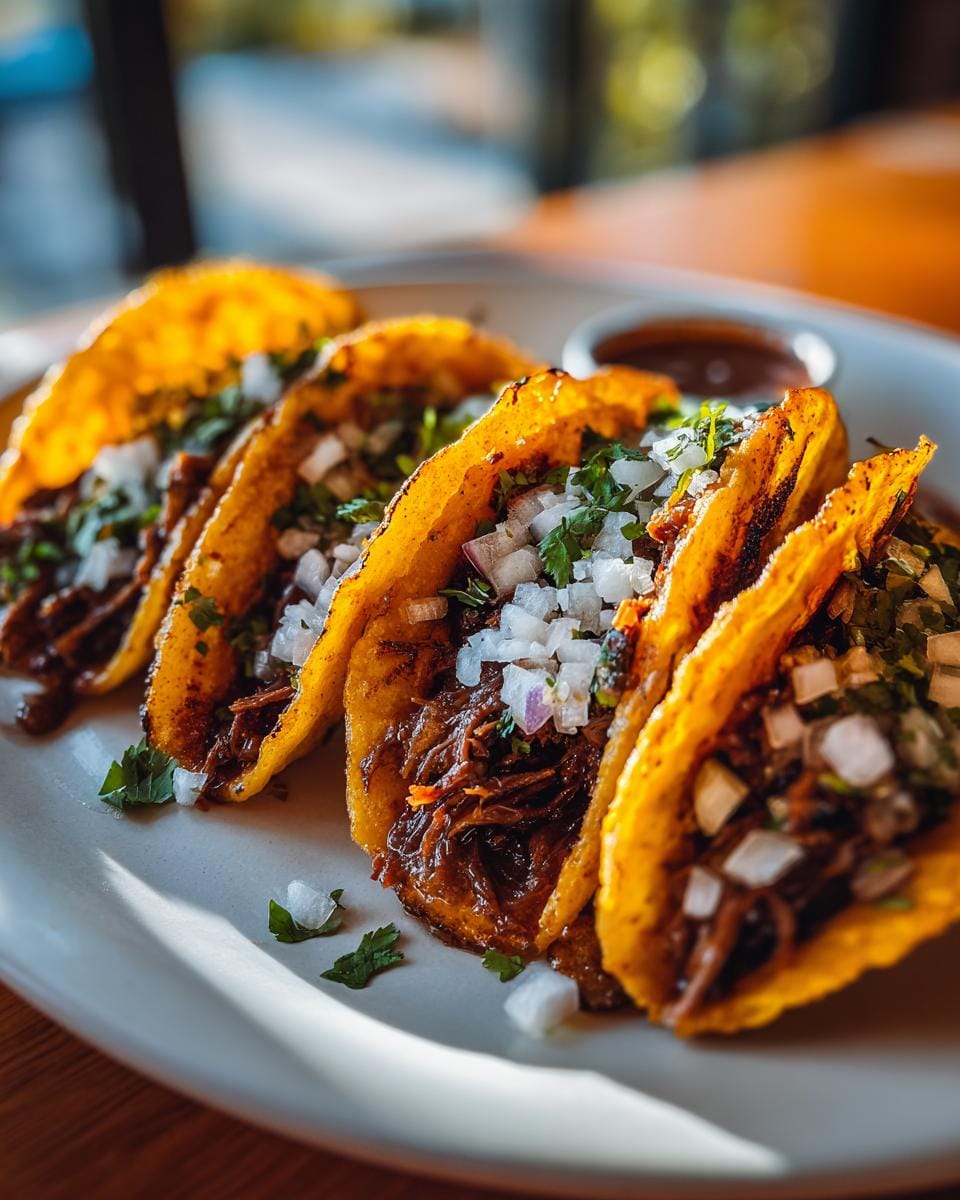 A plate of four golden-brown Birria Quesatacos, generously filled with shredded meat and topped with diced onions and cilantro.