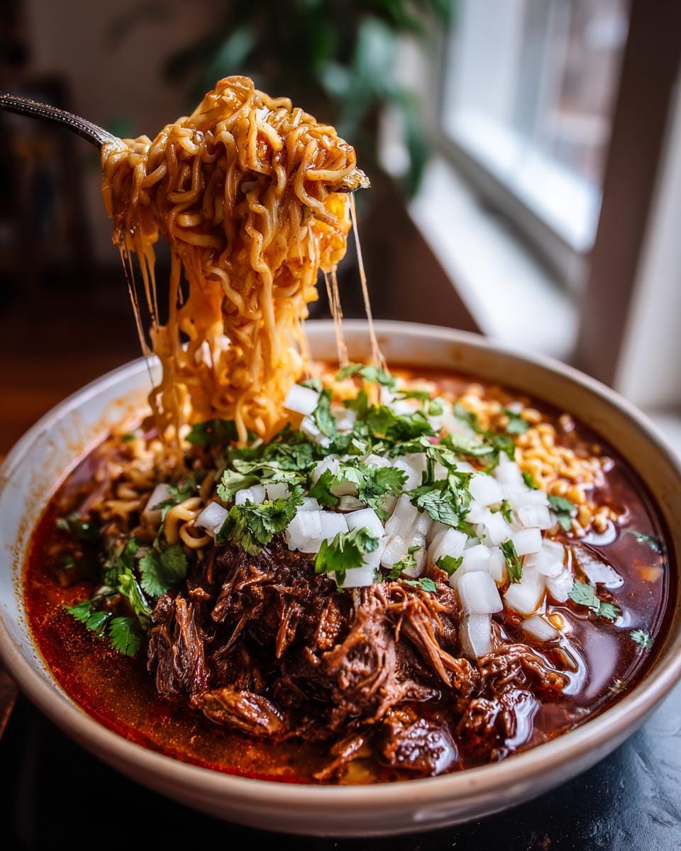 A fork lifts a cheesy tangle of noodles from a bowl of Birria Ramen topped with shredded beef, onions, and cilantro.