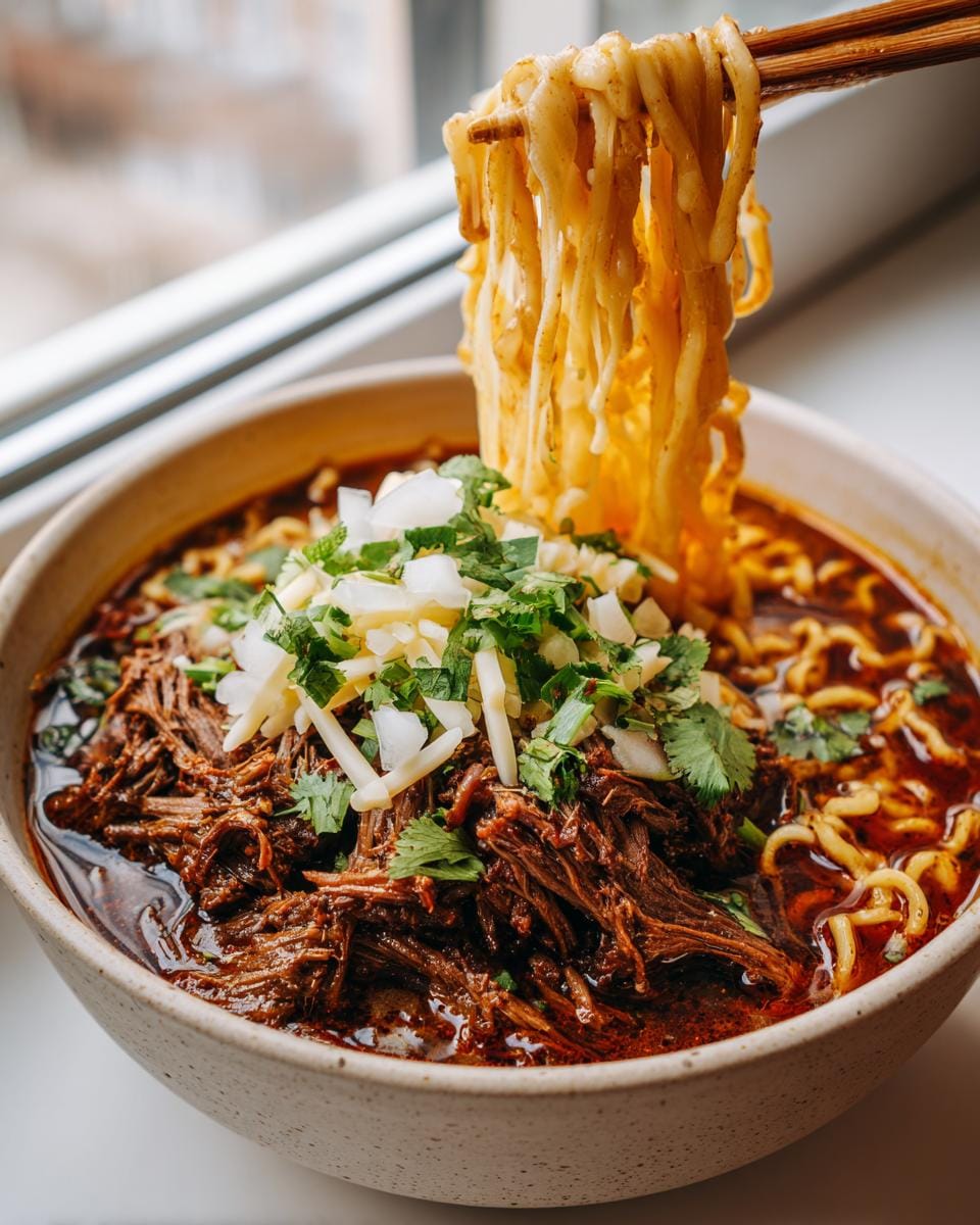 A close-up of a bowl of Birria Ramen, featuring tender shredded beef, ramen noodles, and topped with onions and cilantro.