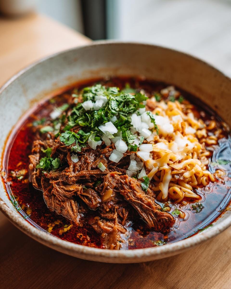 A close-up of a bowl of Birria Ramen, featuring tender shredded beef, ramen noodles, and a rich red broth, topped with onions and cilantro.