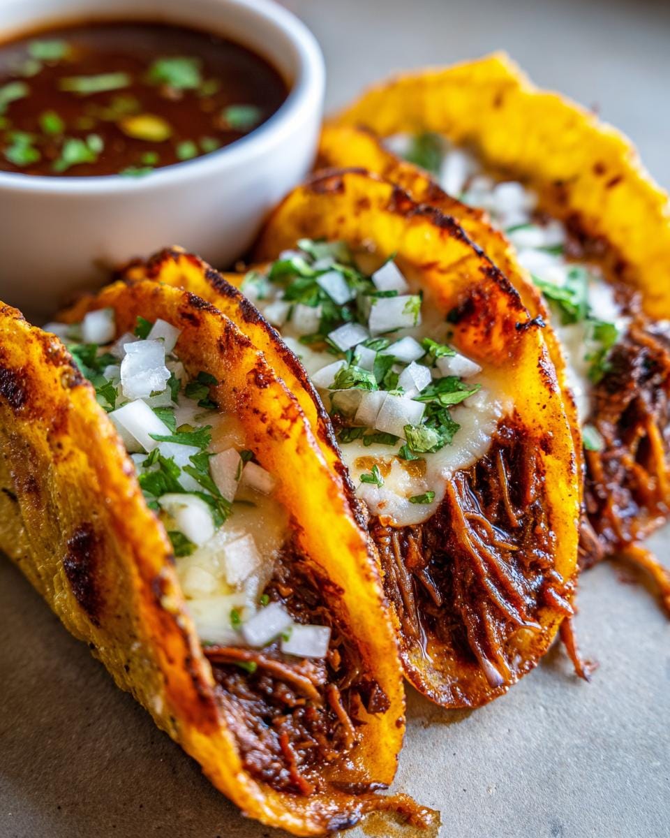 Close-up of crispy Birria Tacos filled with shredded beef and cheese, served with a side of consomé.