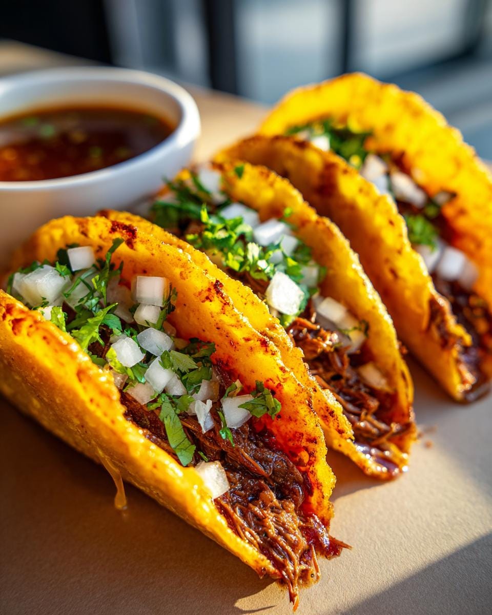 Close-up of three golden-brown Birria Tacos filled with shredded beef and topped with diced onions and cilantro, served with a side of consomé.
