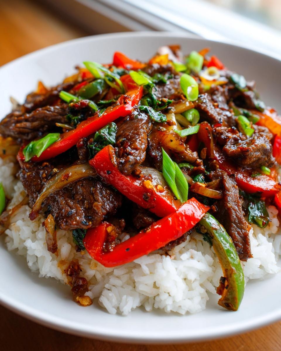 A delicious serving of Black Pepper Beef Recipe, better than takeout, piled high on fluffy white rice with red and green bell peppers and scallions.