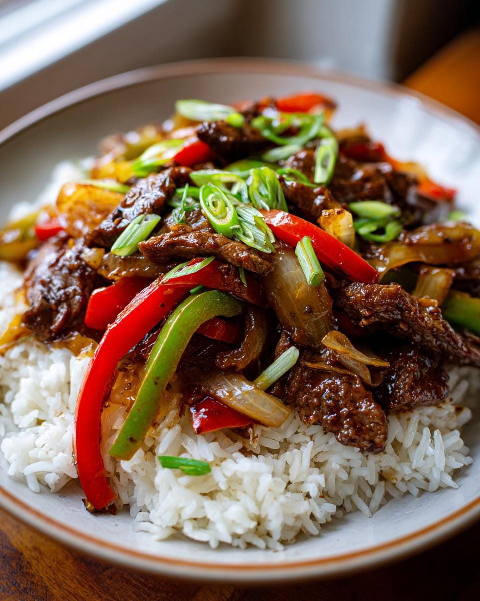 A close-up of a bowl of Black Pepper Beef Recipe, served over white rice with colorful bell peppers and green onions.
