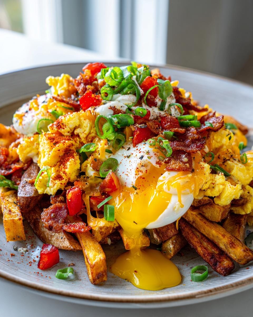 A plate of Blackstone Breakfast Fries topped with scrambled eggs, bacon, cheese, red peppers, and a runny poached egg.
