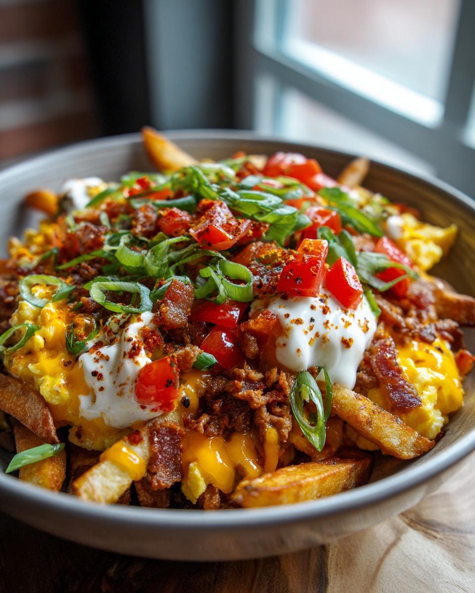 A close-up of loaded Blackstone Breakfast Fries topped with scrambled eggs, melted cheese, bacon, tomatoes, and green onions.