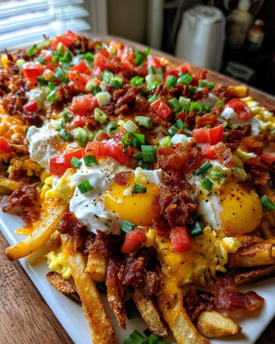 A loaded platter of Blackstone Breakfast Fries topped with scrambled eggs, fried eggs, melted cheese, bacon, tomatoes, and green onions.